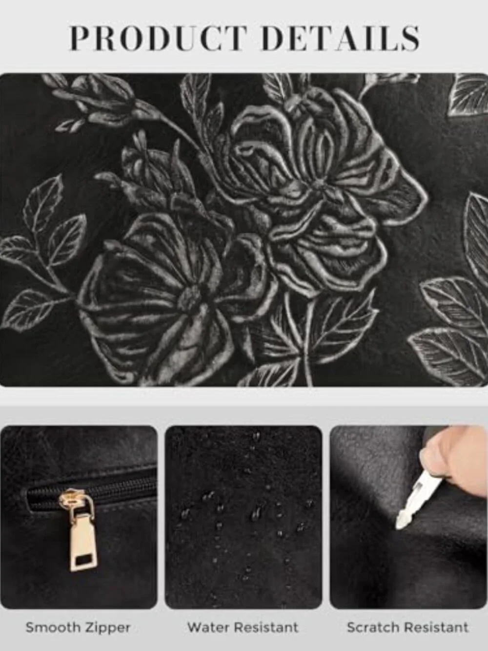 Vegan Leather Crossbody Bag with Boho Strap, Embossed Floral Purse